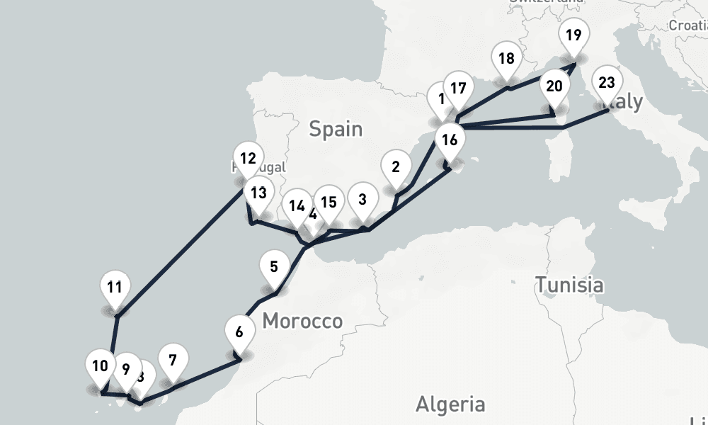 26 nights / 27 days, one-way from Barcelona to Civitavecchia (Rome, Italy)