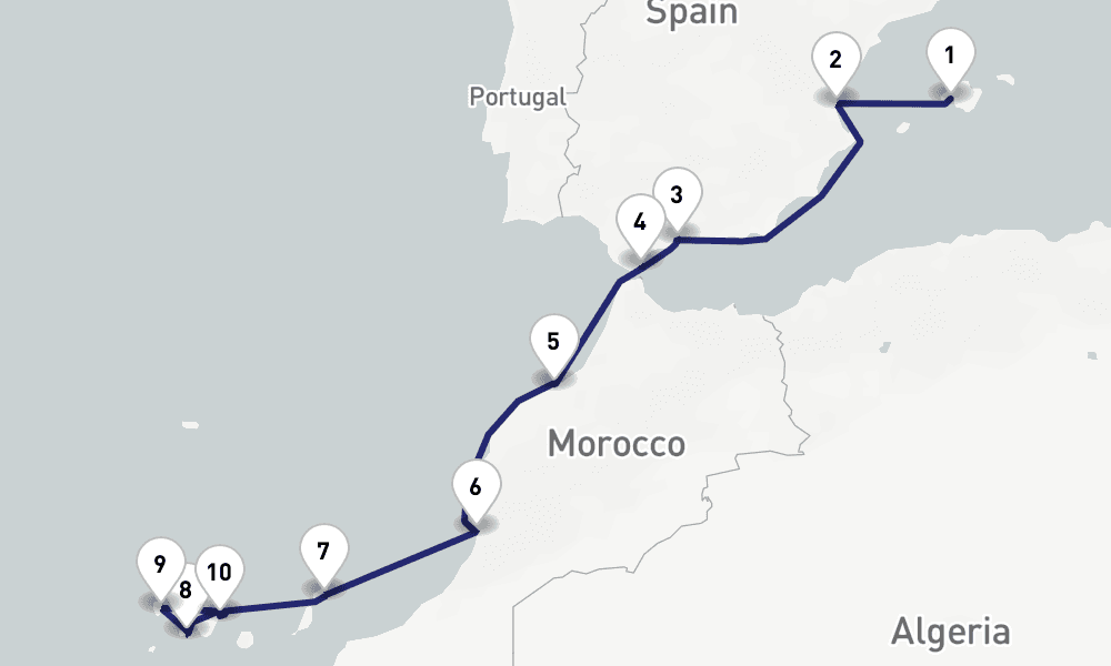 12 days, one-way from Palma de Mallorca to Santa Cruz de Tenerife 13日間