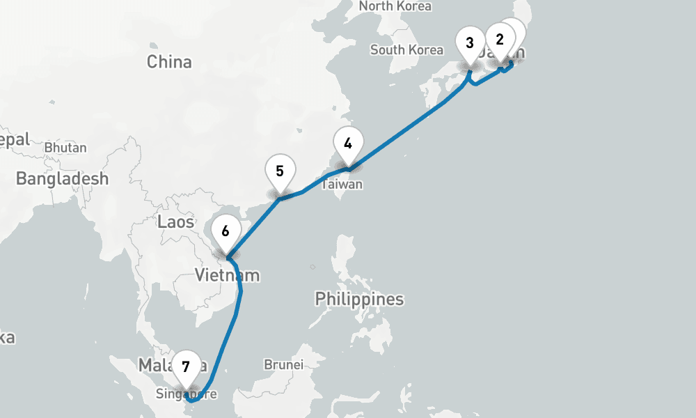 12 days, one-way from Yokohama to Singapore 13日間