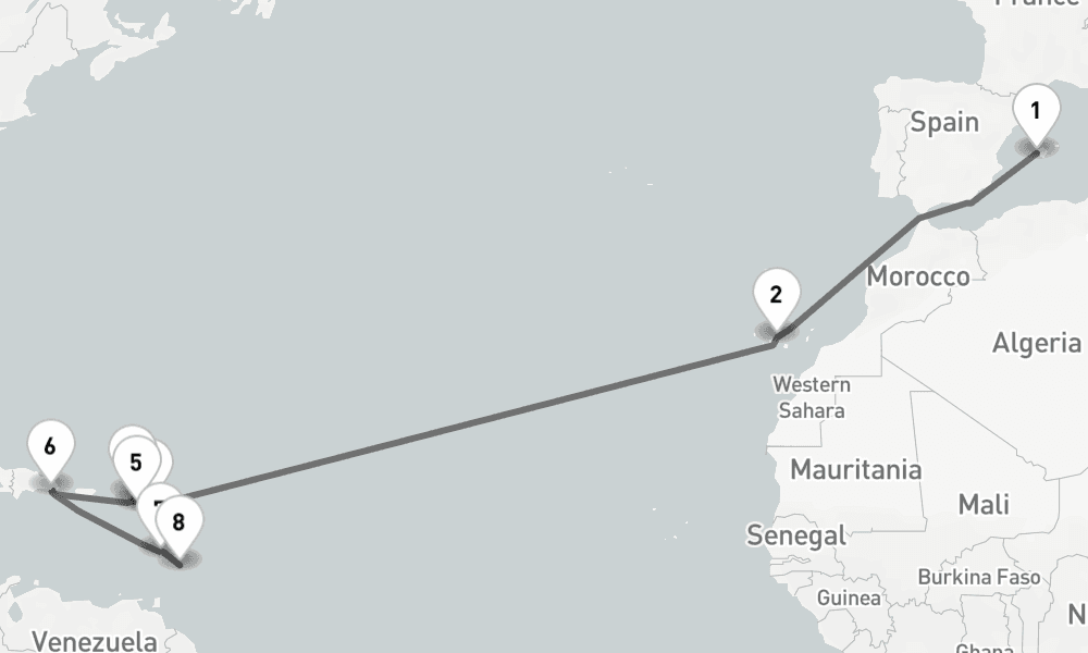 17 days, one-way from Palma de Mallorca to Bridgetown 18日間