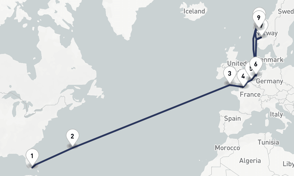 21 days, one-way from Miami to Amsterdam 22日間