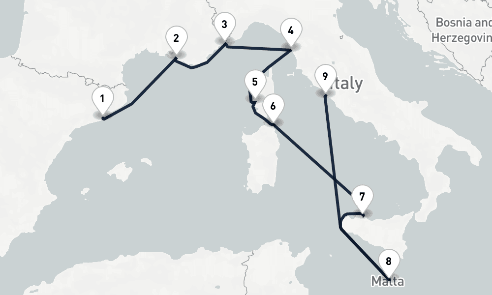 9 days, one-way from Barcelona to Civitavecchia-Rome 10日間