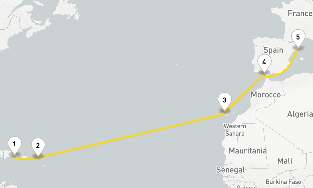13 days, one-way from La Romana to Barcelona 14日間
