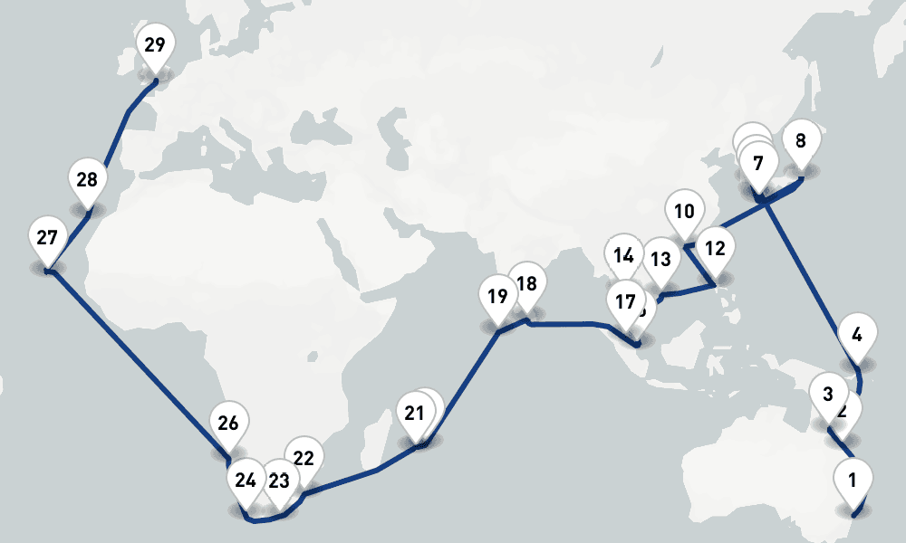 76 days, one-way from Sydney to Southampton 77日間