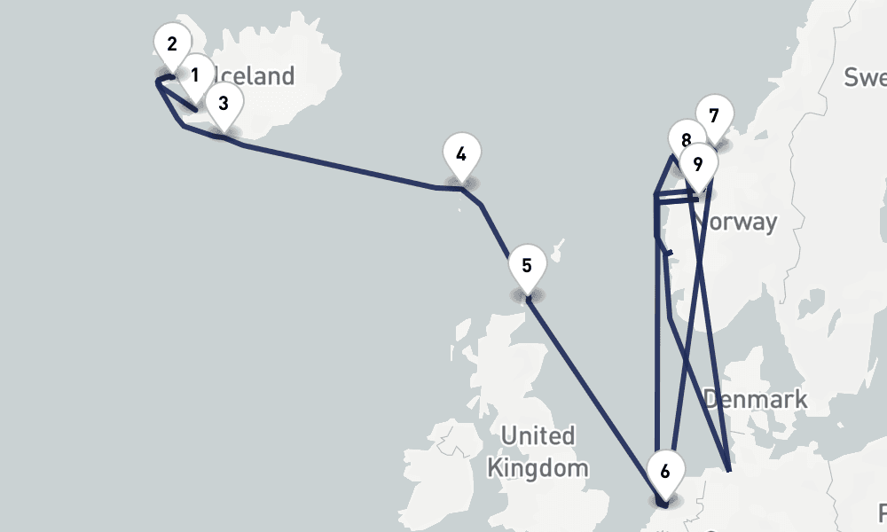14 days, one-way from Reykjavik to Amsterdam 15日間