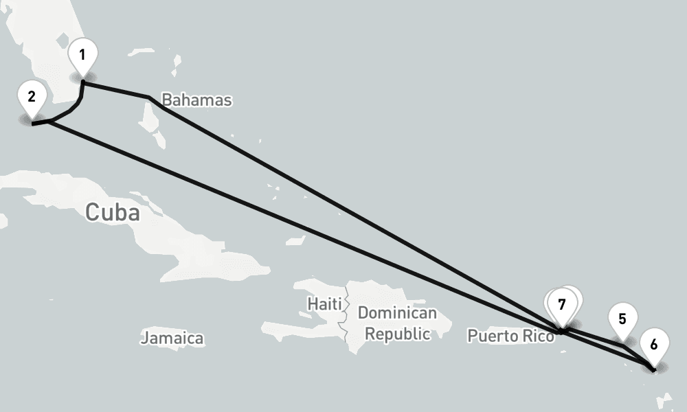 11 days, round-trip Miami, Fl To Miami, Fl 12日間