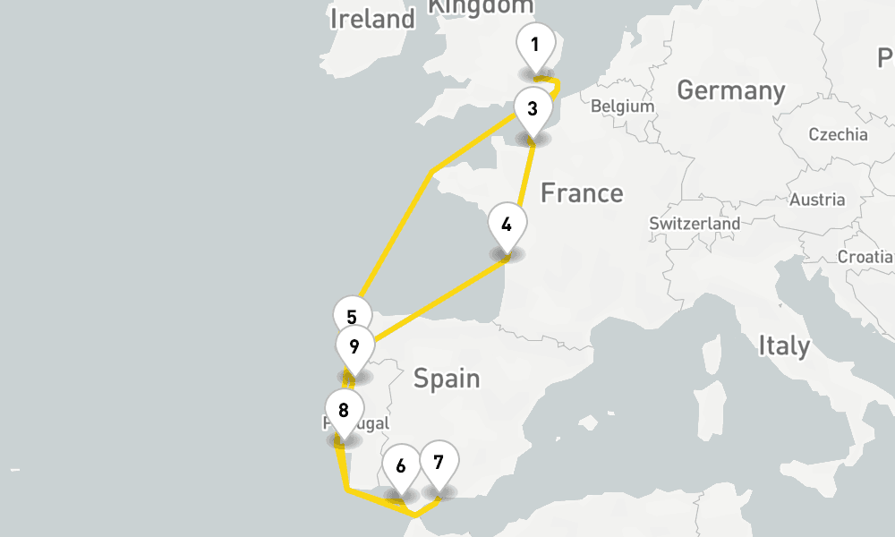 14 days, round-trip Easter Voyage To France, Spain Portugal 15日間