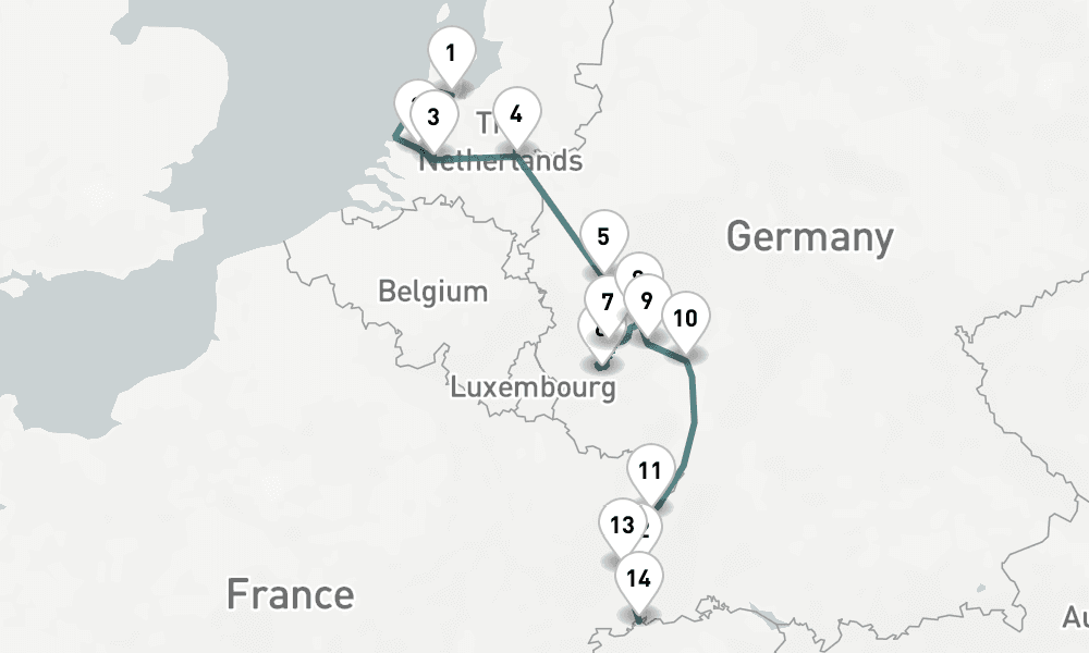 13 days, one-way from Amsterdam to Basel 14日間