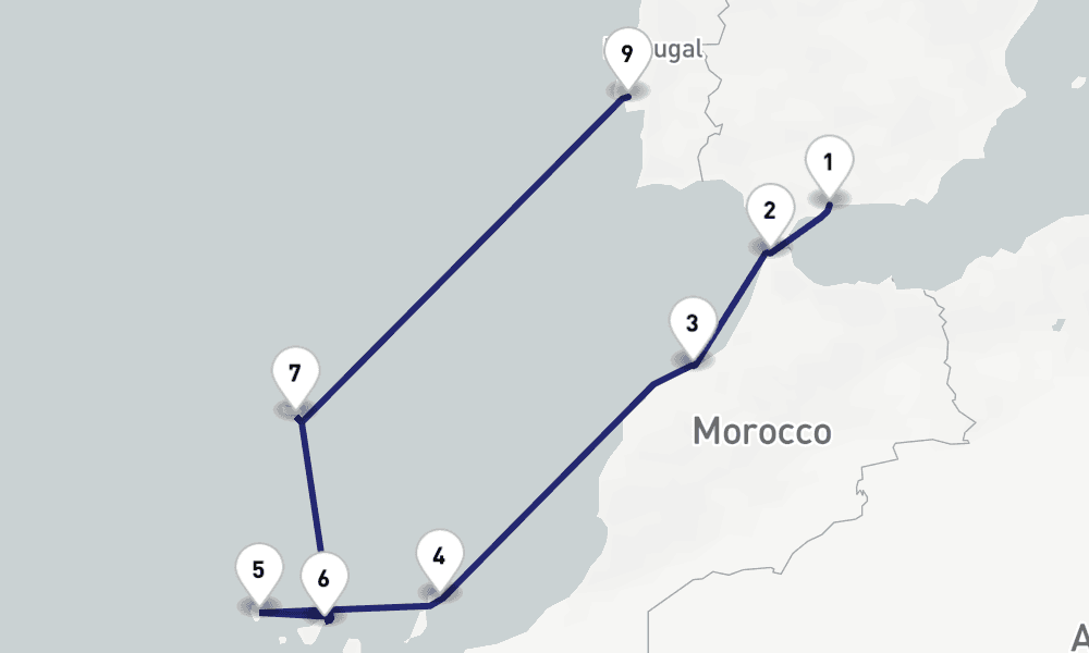 10 nights / 11 days, one-way from Malaga to Lisbon