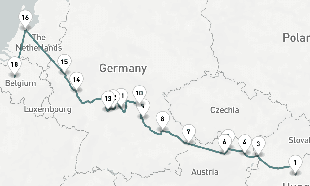 17 days, one-way from Budapest to Brussels 18日間