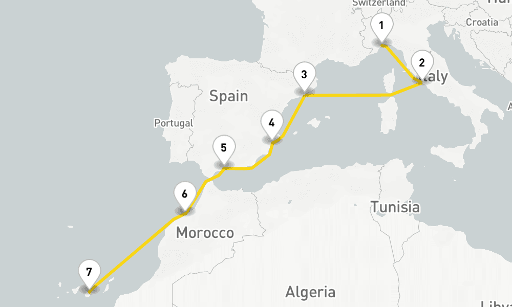 8 days, one-way from Savona to Las Palmas de Gran Canaria 9日間