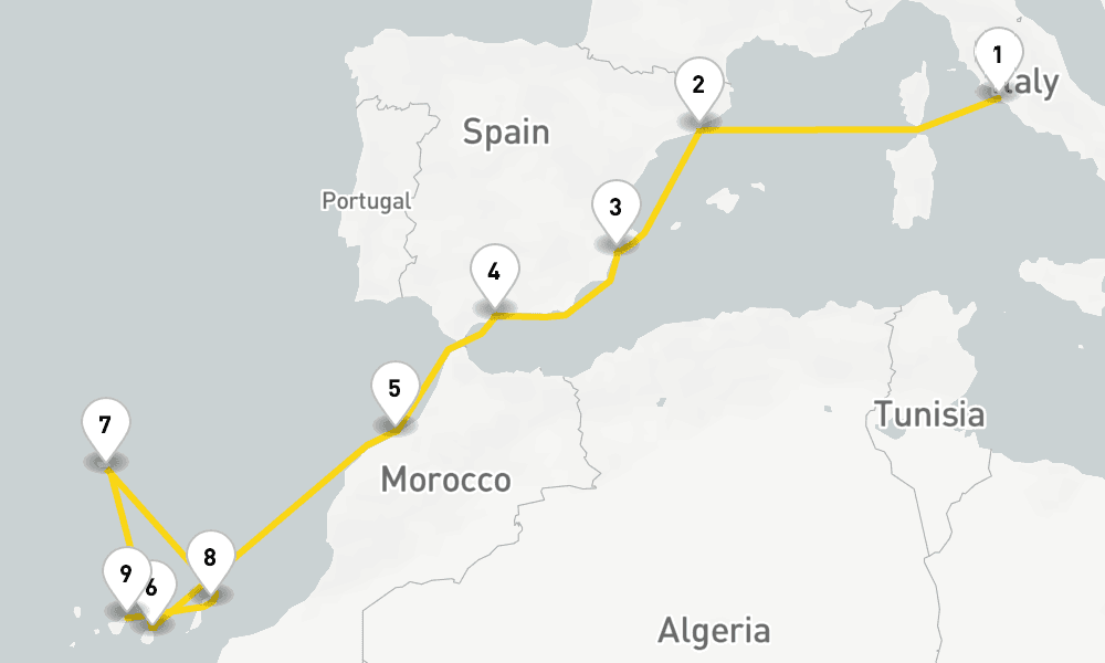 11 days, one-way from Civitavecchia-Rome to Santa Cruz de Tenerife 12日間
