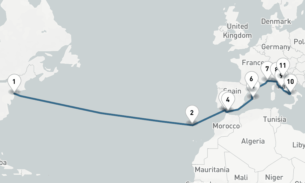 19 days, one-way from New York to Ravenna 20日間