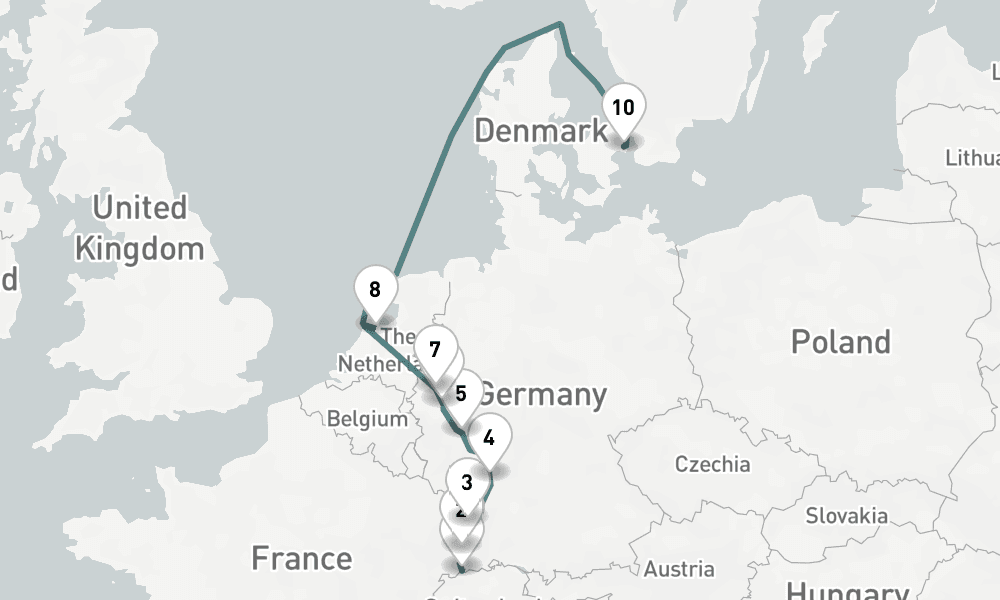 10 days, one-way from Basel to Copenhagen 11日間