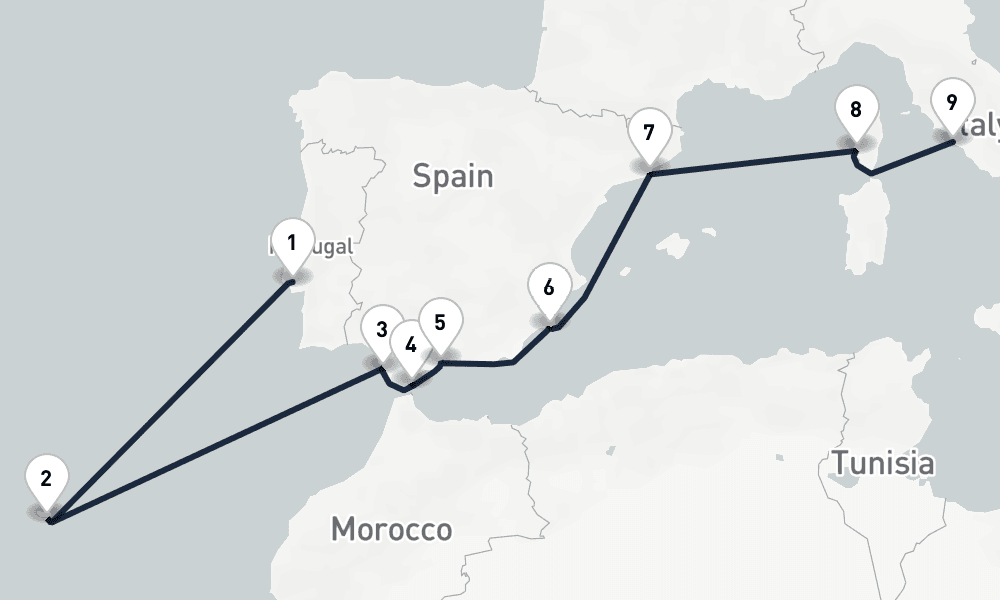 10 days, one-way from Lisbon to Civitavecchia-Rome 11日間