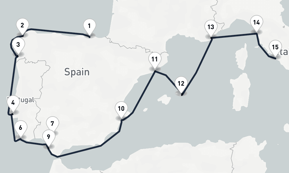 14 days, one-way from Bilbao to Civitavecchia-Rome 15日間