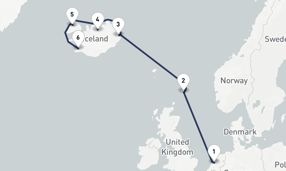 7 days, one-way from Amsterdam to Reykjavik 8日間
