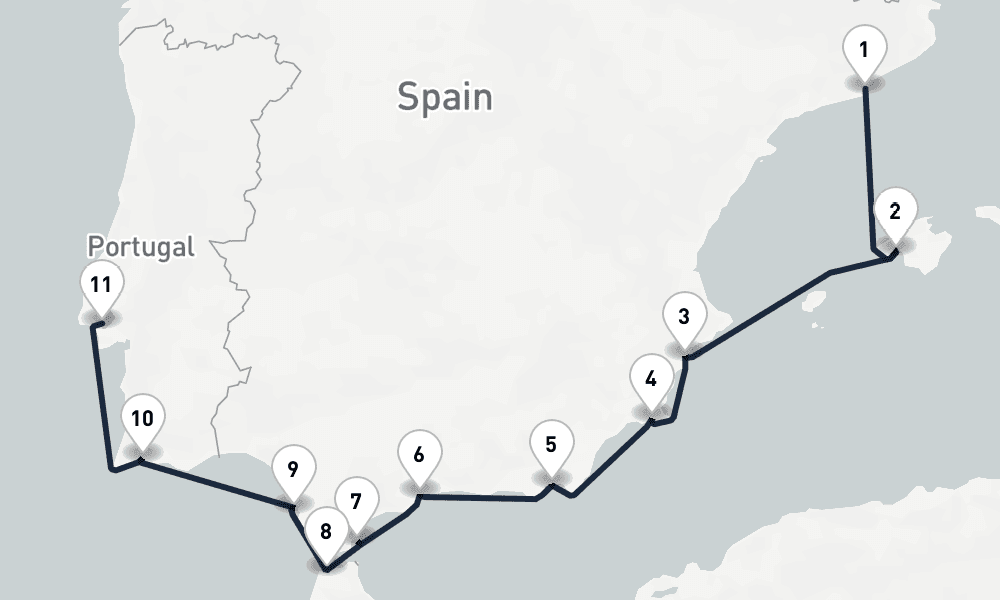 10 days, one-way from Barcelona to Lisbon 11日間