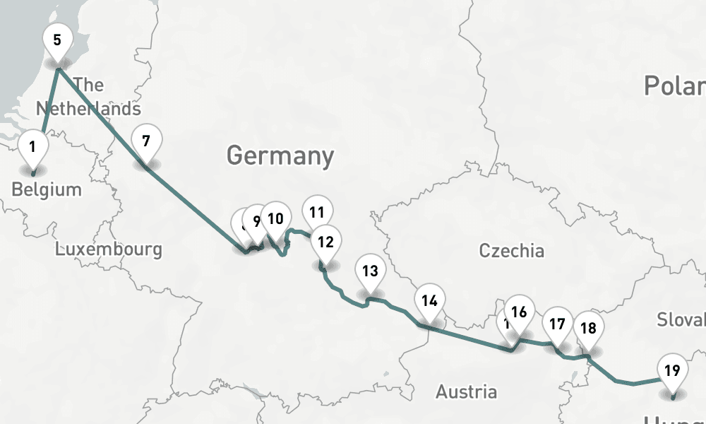 17 days, one-way from Brussels to Budapest 18日間
