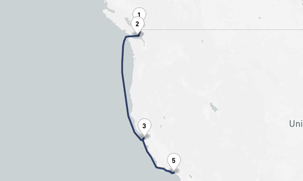 7 days, one-way from Vancouver to Los Angeles 8日間