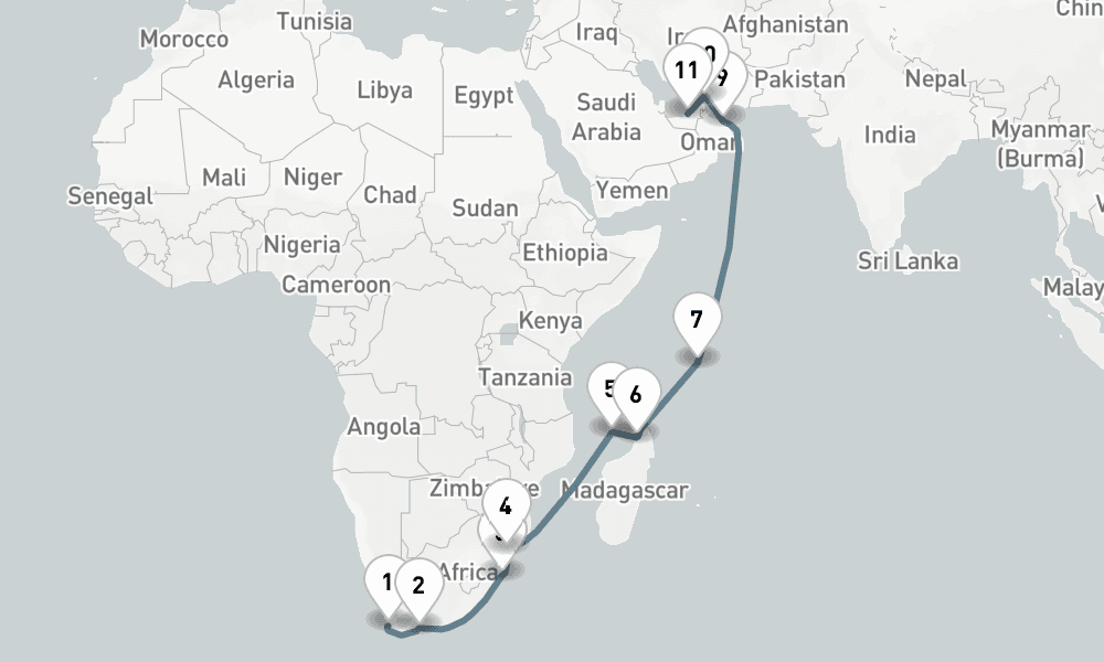 19 nights / 20 days, one-way from Cape Town to Abu Dhabi