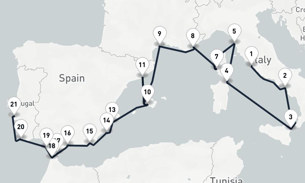 20 days, one-way from Civitavecchia-Rome to Lisbon 21日間