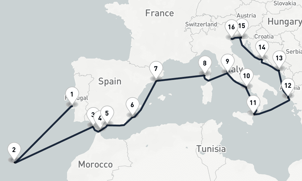 17 days, one-way from Lisbon to Venice 18日間