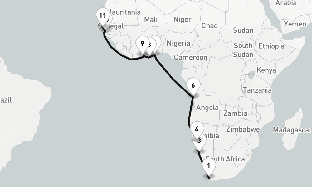 19 nights / 20 days, one-way from Cape Town to Dakar