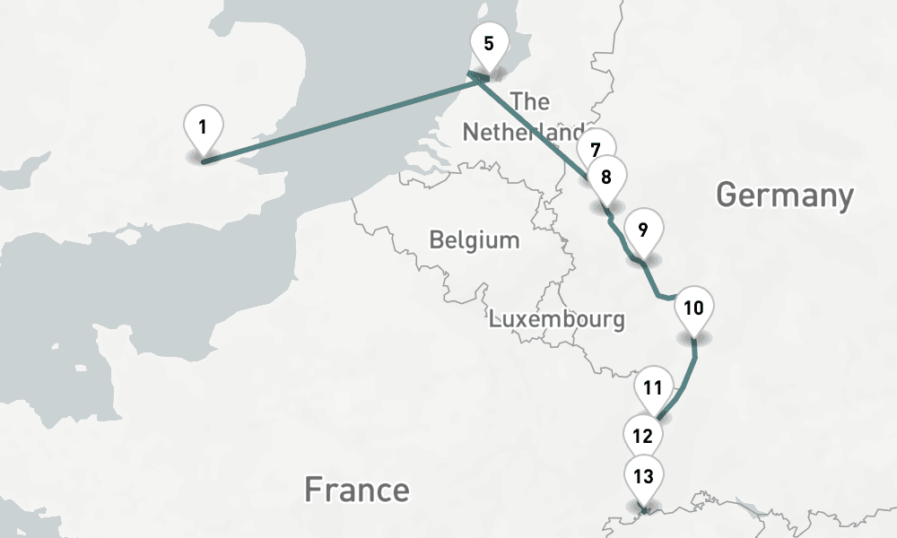 10 days, one-way from London-Greenwich to Basel 11日間