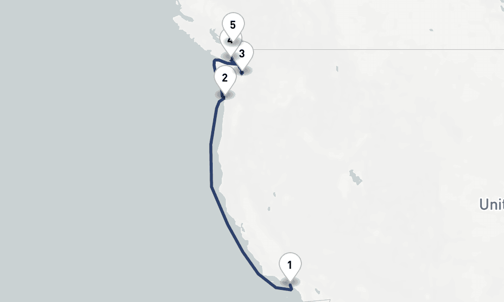 6 days, one-way from Los Angeles to Vancouver 7日間
