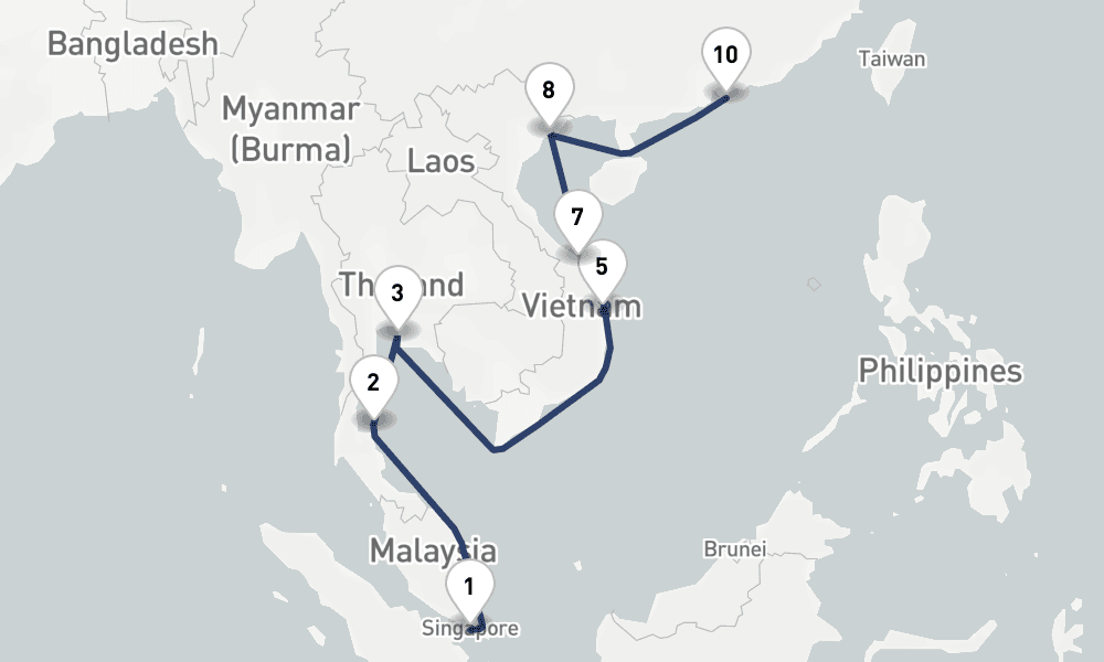 15 days, one-way from Singapore to Hong Kong 16日間