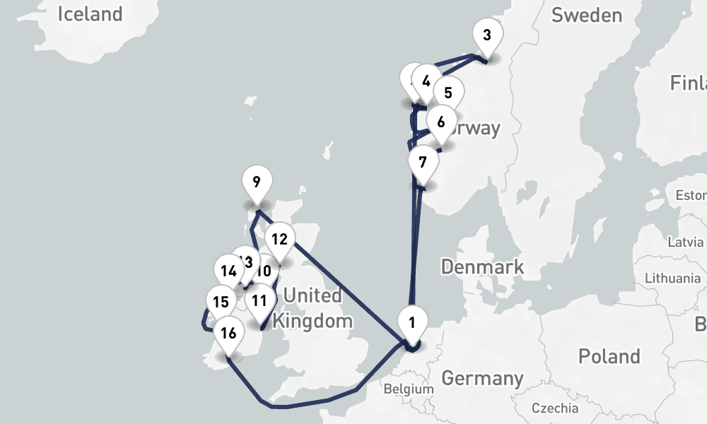 21 days, round-trip Norwegian Fjords, Ireland Cliffs Of Moher 22日間