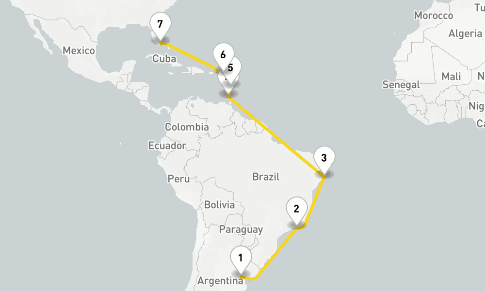 16 days, one-way from Buenos Aires to Miami 17日間