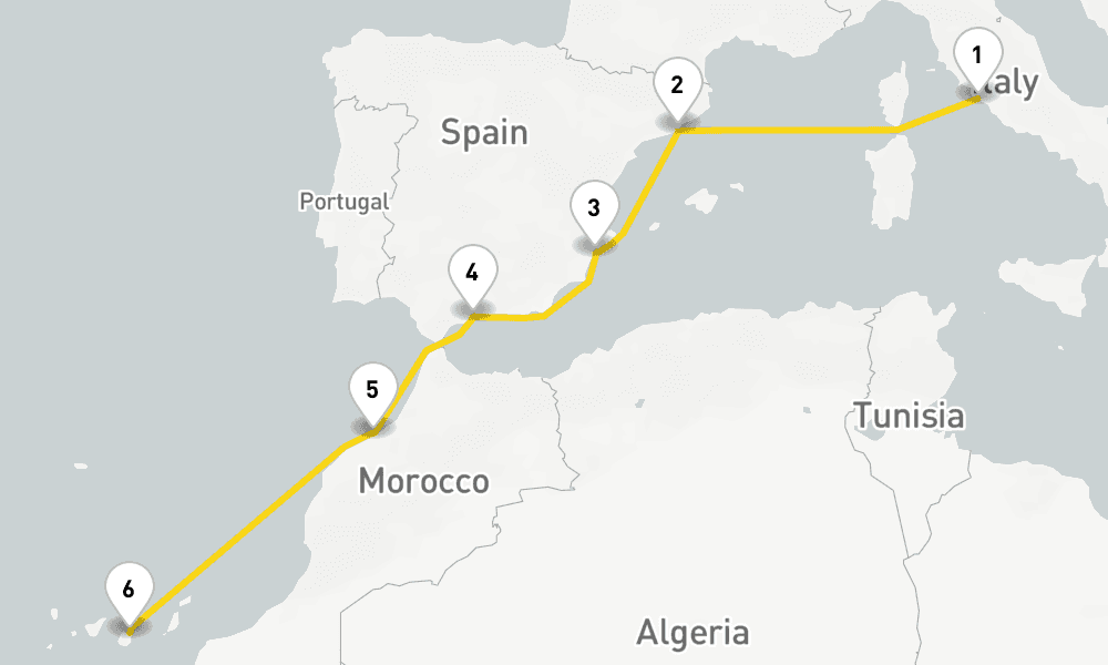 7 days, one-way from Civitavecchia-Rome to Las Palmas de Gran Canaria 8日間