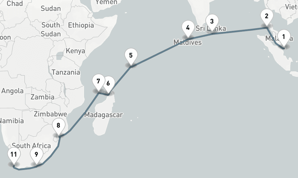 25 days, one-way from Singapore to Cape Town 26日間