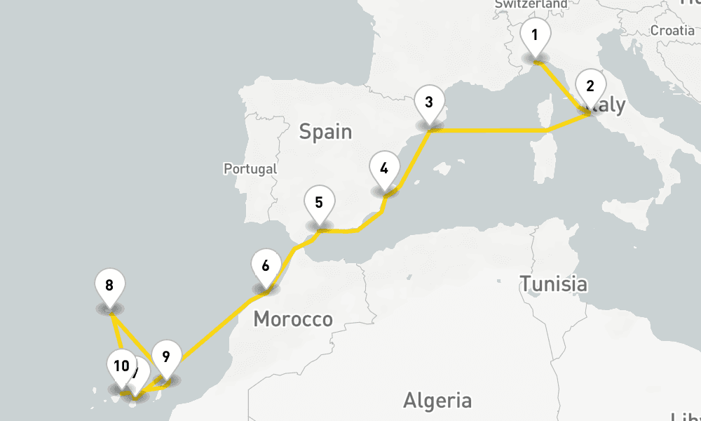 12 days, one-way from Savona to Santa Cruz de Tenerife 13日間