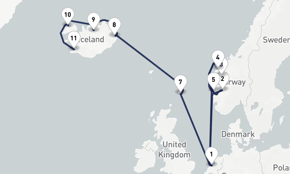 14 days, one-way from Amsterdam to Reykjavik 15日間