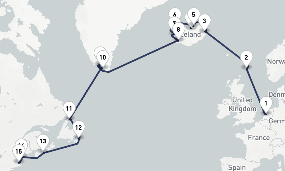 21 days, one-way from Amsterdam to Boston 22日間