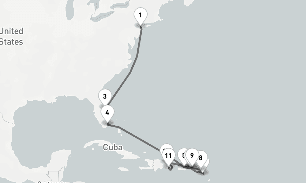 15 days, one-way from New York to La Romana 16日間