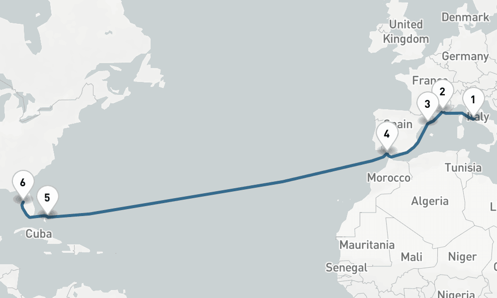 15 days, one-way from Civitavecchia-Rome to Tampa 16日間