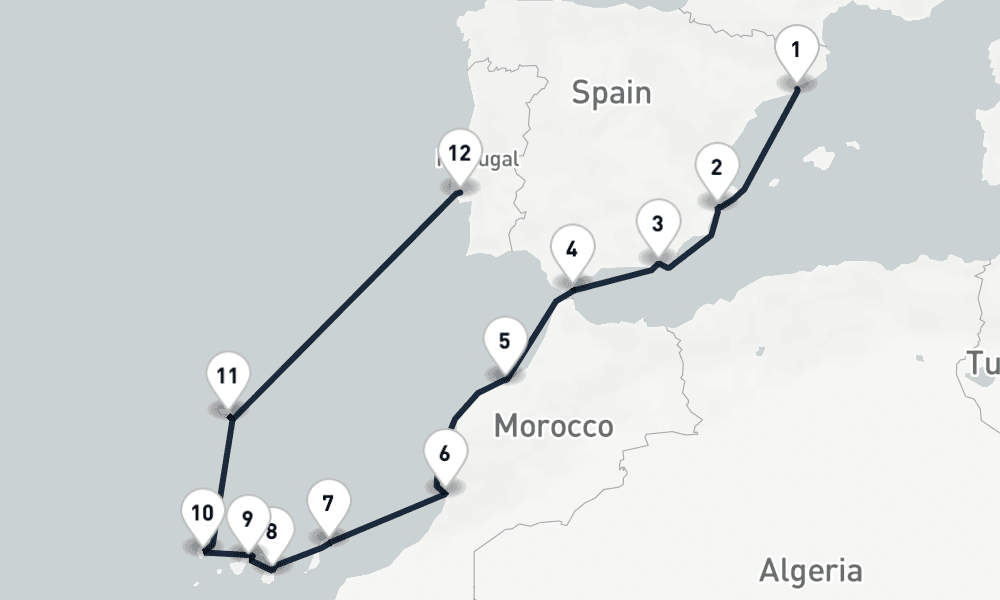 12 nights / 13 days, one-way from Barcelona to Lisbon
