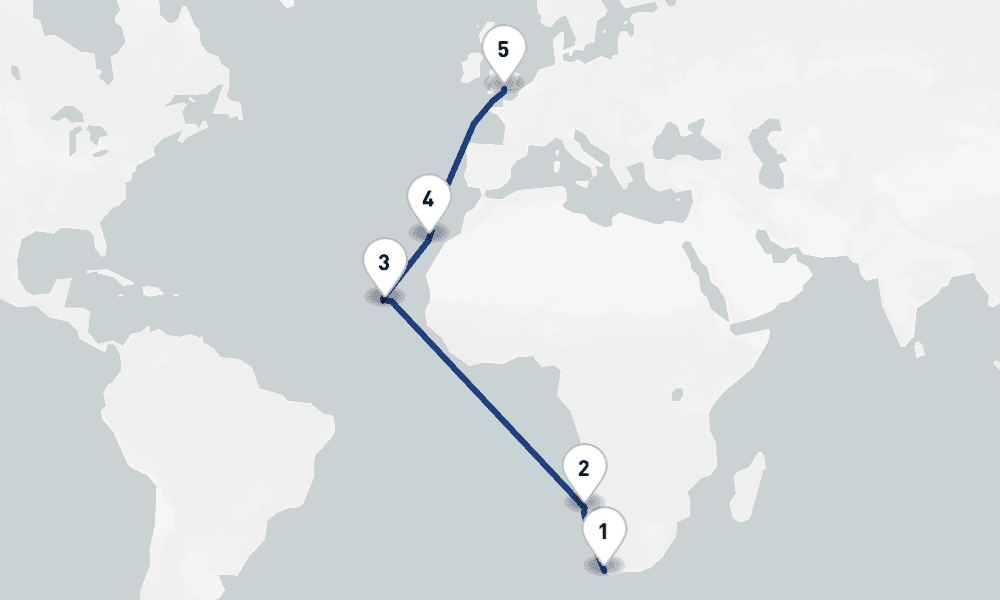 18 nights / 19 days, one-way from Cape Town to Southampton (England)
