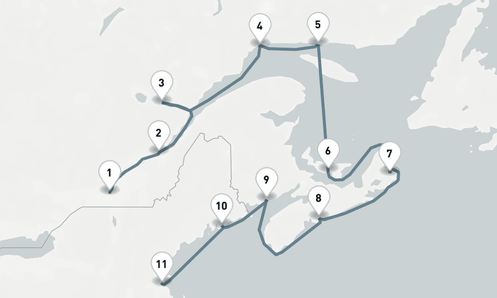 11 nights / 12 days, one-way from Montreal (Quebec, Canada) to Boston (Massachusetts)
