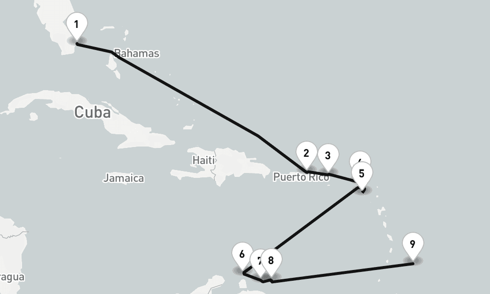 12 nights / 13 days, one-way from Miami (Florida) to Bridgetown (Barbados)