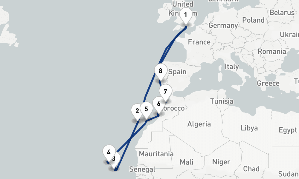 18 nights / 19 days, Southampton (England) Round trip