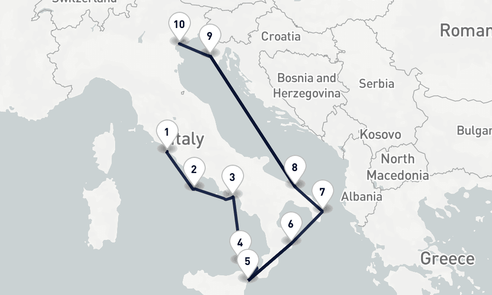 11 nights / 12 days, one-way from Civitavecchia (Rome, Italy) to Venice