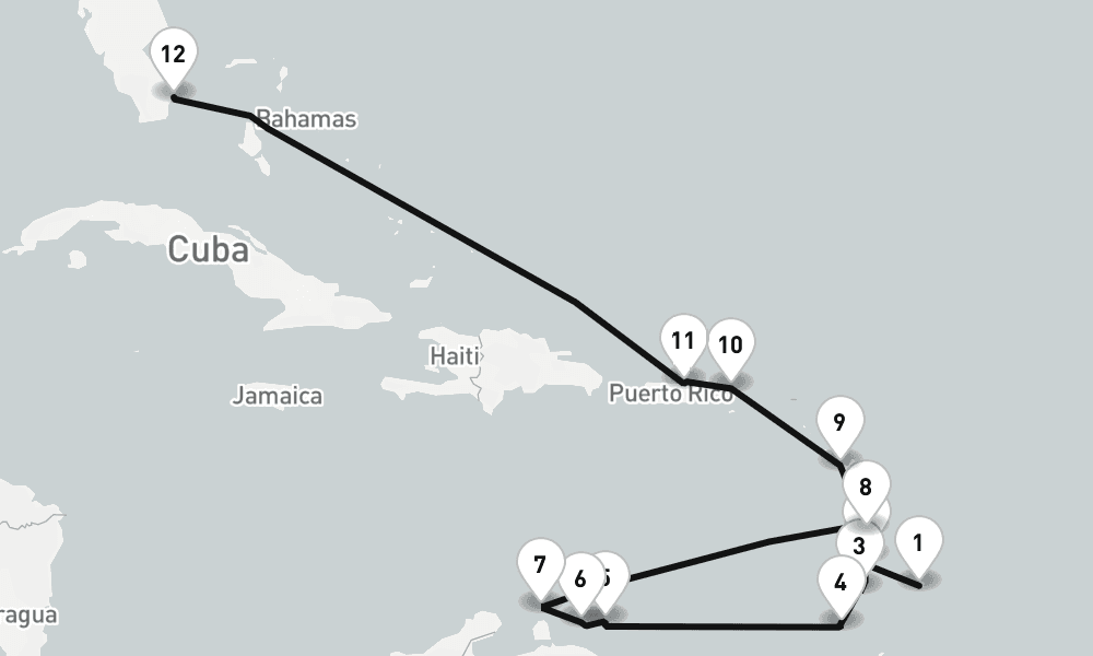 16 nights / 17 days, one-way from Bridgetown (Barbados) to Miami (Florida)