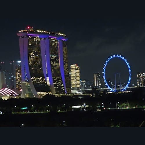 船上から眺める夜の青色のマリーナベイサンズ