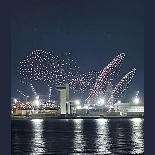 ルーブルから船に戻ったら完全に日が暮れていたのですが、船からルーブルの上で行って居るドローンショーの続きが見えました。時間を代えて異なるテーマでやって居たようです。左の輝いている建物がルーブルです。