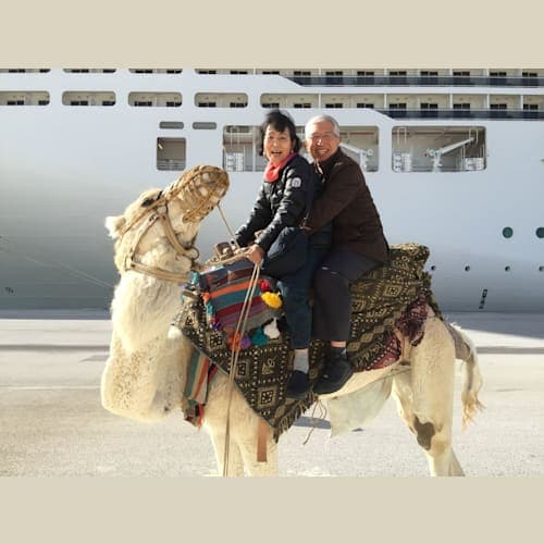 チュニスでは船外げラクダに乗りました。5ユーロでしたが、客寄せの役目だったのか、かなり長い時間乗りました。最初は誰も乗っていませんでしたが、皆さんが楽しそうに乗り始め、親方のような人に感謝されました。